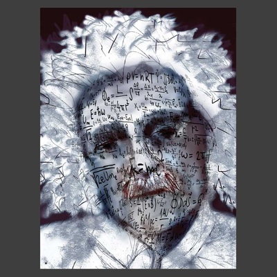 Einstein portrait ~~ Medium: ink, watercolour, digital photo-collage ~~ © Patricia Pinsk