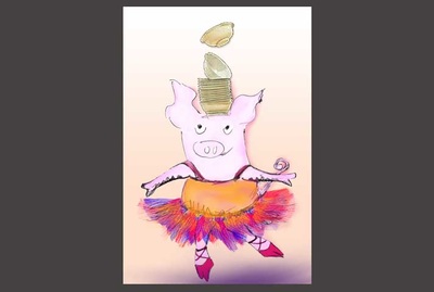 Dancing pig, 1 page spread ~~ Medium: Ink, digital photo-collage ~~ © Patricia Pinsk