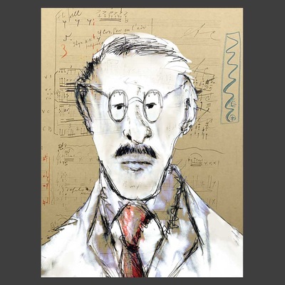 Stravinsky portrait ~~ Medium: ink, watercolour, digital photo-collage ~~ © Patricia Pinsk